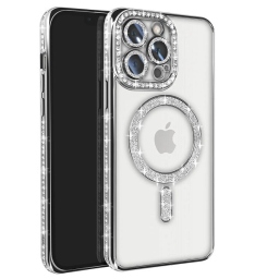 iPhone 13 Pro Θήκη Magsafe Σιλικόνης με Glitter και Strass Ασημί